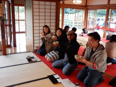 Enjoying Matcha tea and sweets