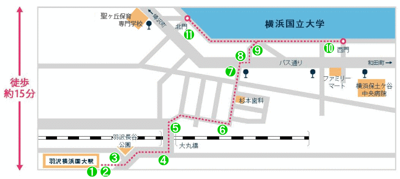 電車 羽沢横浜国大駅からの地図 西門 北門 アクセス案内 横浜国立大学