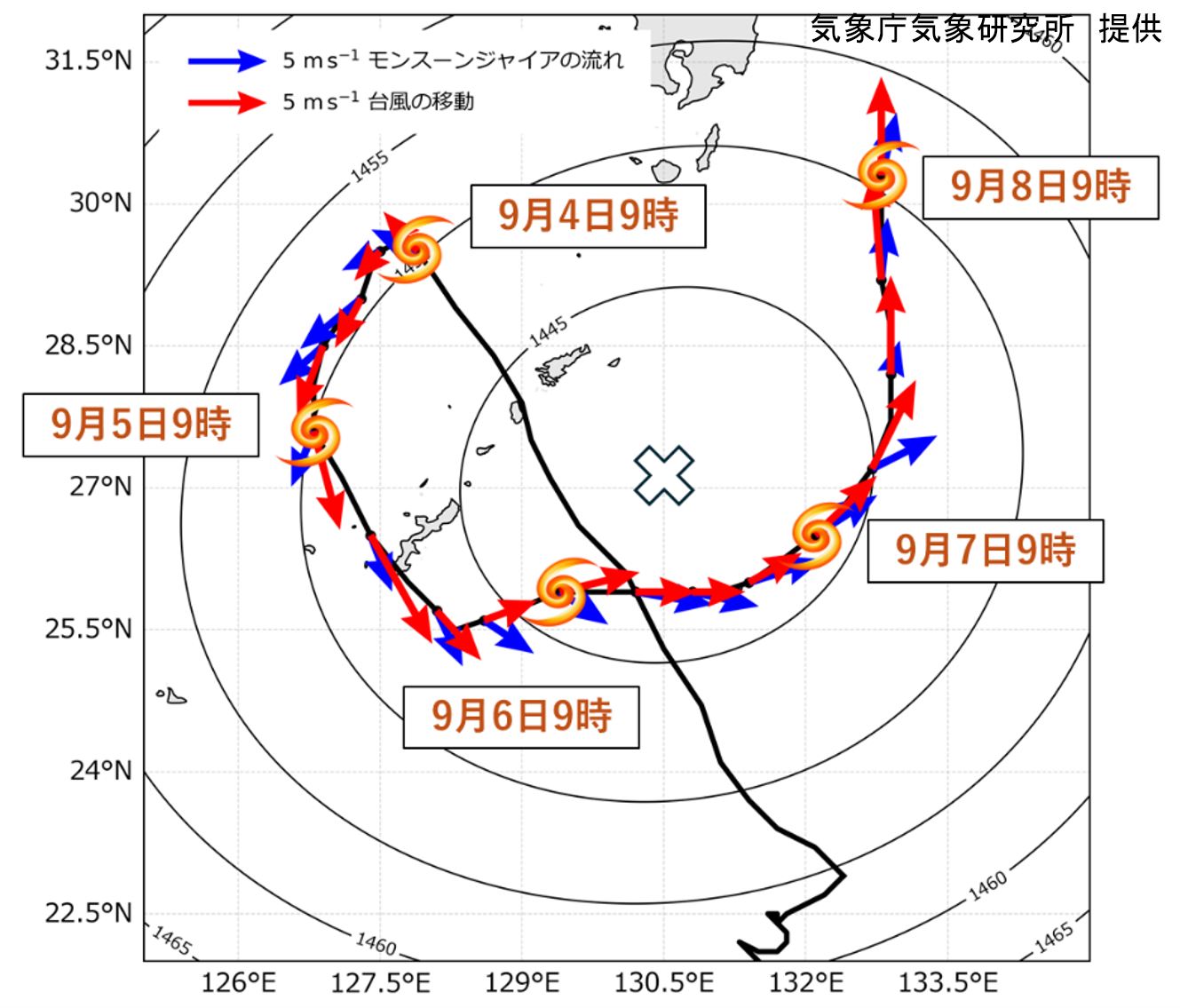 図6．９月４日から８日までのモンスーンジャイアの平均的な位置（白×）と、各時刻の台風第24号中心位置におけるモンスーンジャイアの流れ（青矢印）と実際の台風の動き（赤矢印）。
9月4日9時から8日9時までの台風第24号の位置に沿って青・赤矢印を示している。黒太線は台風第24号の進路を示す（ただし、時間方向に進路を平滑化している）。なお、台風第24号は9月7日9時に台風から熱帯低気圧に衰弱したが、その後の熱帯低気圧の経路も記載している。黒細線はモンスーンジャイアに伴う等高度線（850hPa面）を示す。青矢印と赤矢印は全く同じではないものの、方向は概ね一致しており、台風第24号がモンスーンジャイアの低気圧性循環に流されて移動していたことがわかる。