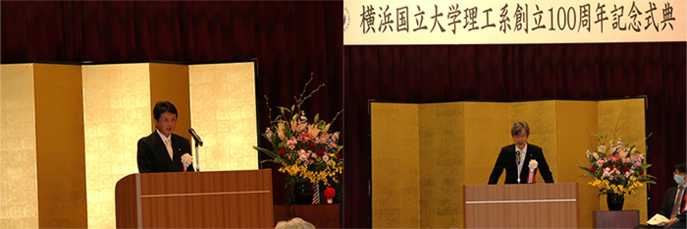 実行委員長 梅澤修 工学研究院長(左) 梅原出 学長(右)