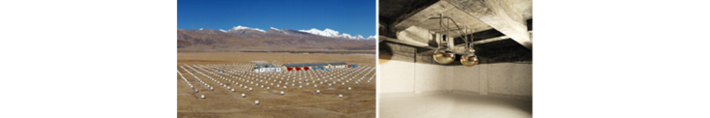 図1 チベット高原・標高4300 mに設置されている空気シャワー観測装置(左)とその地下に設置されている注水前の水チェレンコフ型ミューオン検出器(右)。