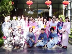 A group photo with participants of the first half of the workshop, after donning yukata