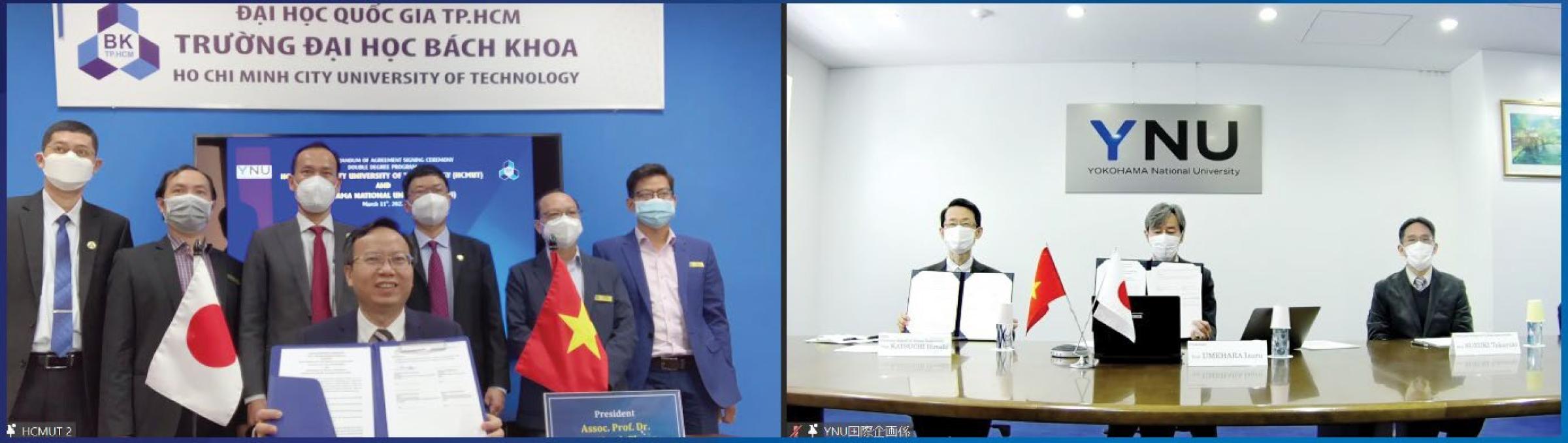 調印記念写真（左写真：中央がMai Thang Phong学長、左から3人目がNguyen Danh Thao副学長）
