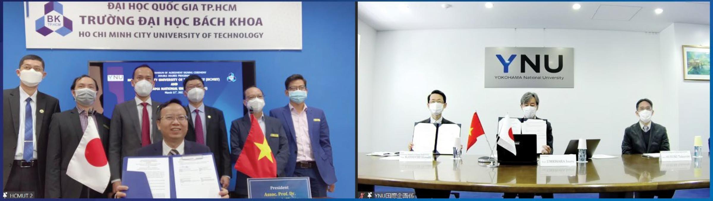 調印記念写真(左写真:中央がMai Thang Phong学長、左から3人目がNguyen Danh Thao副学長)